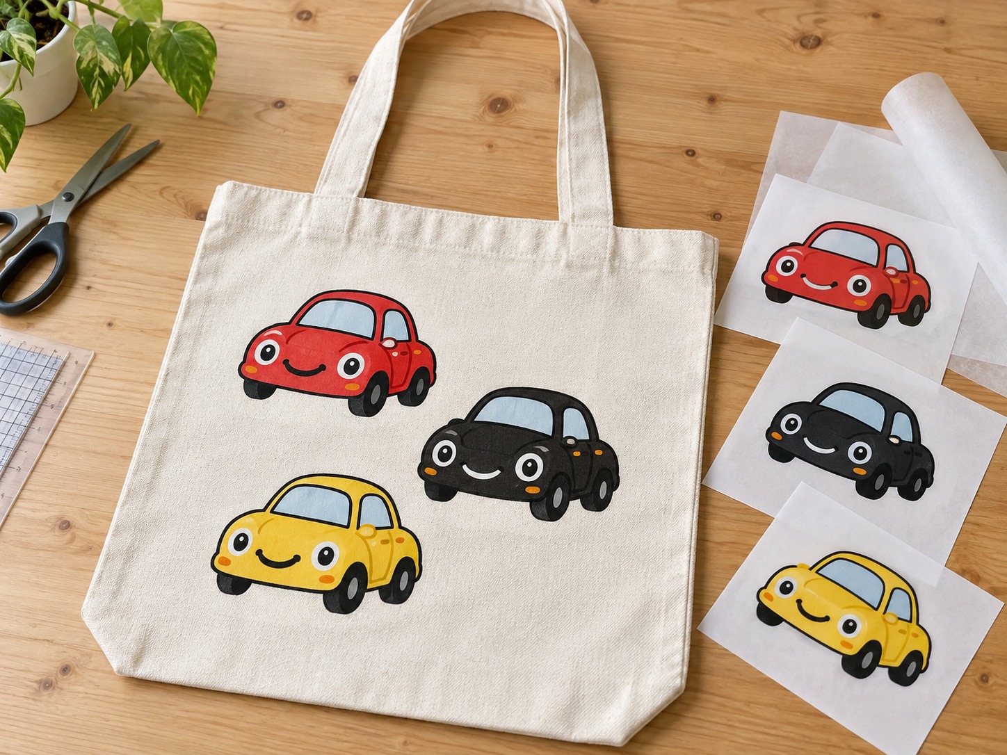 AI-generated design example of a canvas tote bag with colourful cartoon car prints